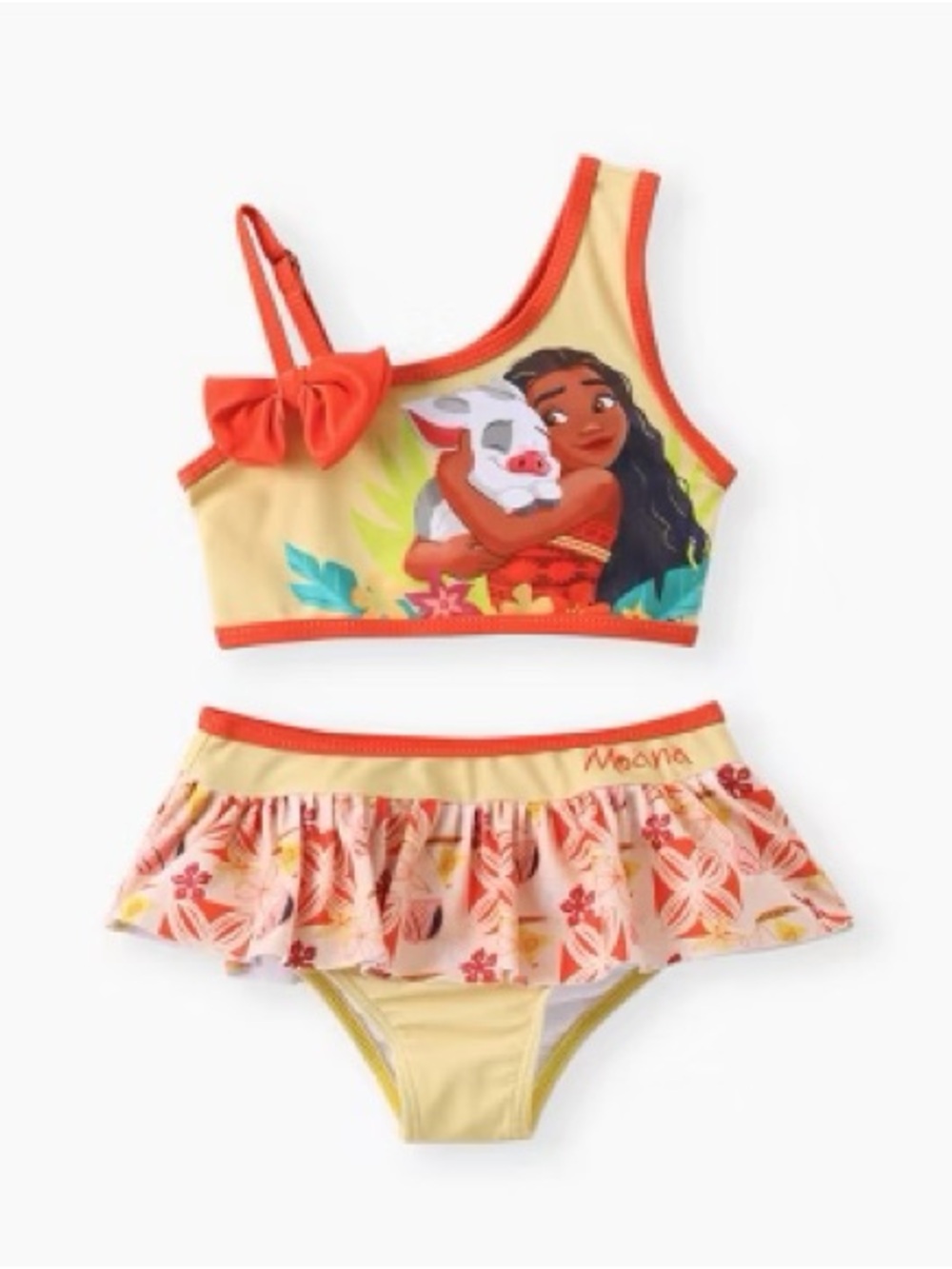NWT 5-6T Disney Coral and Yellow Moana Girls Bikini Set with Tropical Print